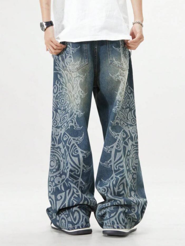 DEVIL-DENIM Men's Funky Loose Pocket Esthetic Printed Casual Denim Jeans
